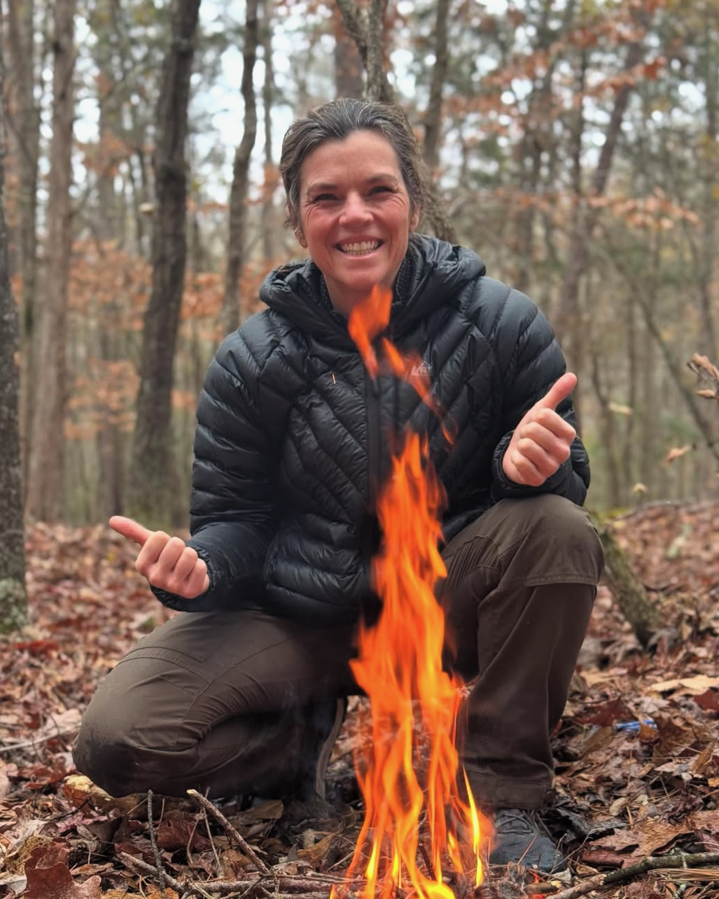 A smiling participant kneeling beside a successful campfire