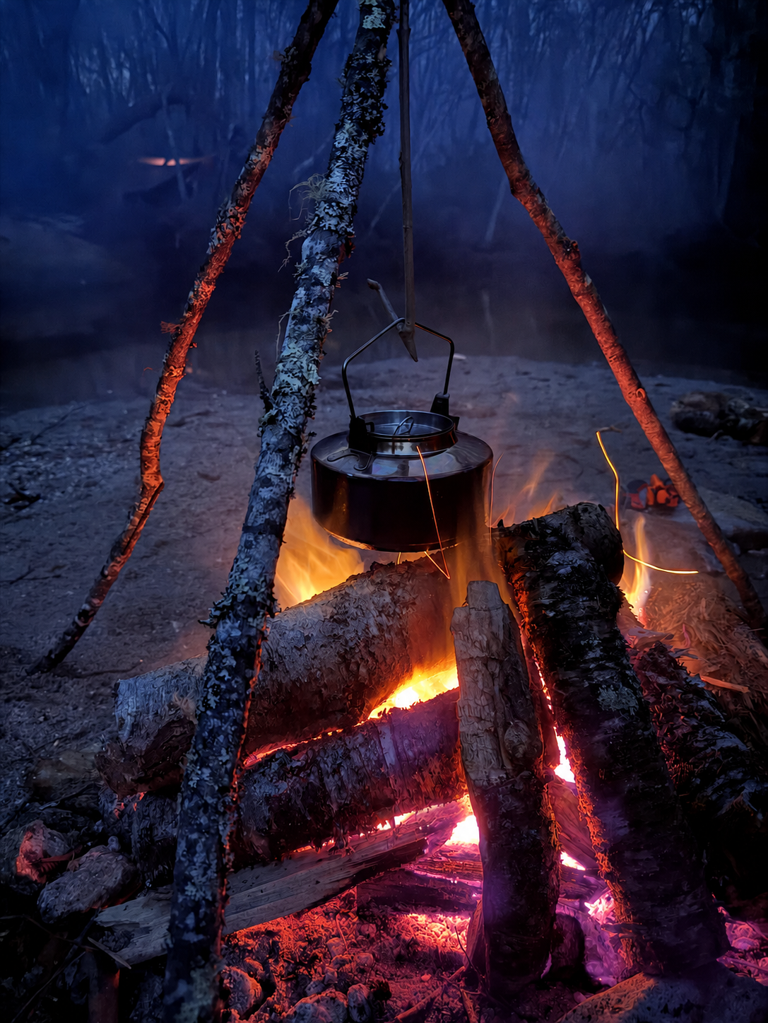 A field pot suspended over a working fire
